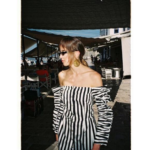 Anna October Off the Shoulder Stripe Dress Black White Midi Ruffle Sleeves - Picture 16 of 16